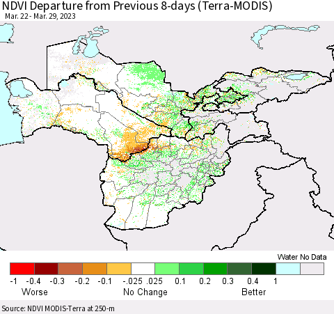 Central Asia NDVI Departure from Previous 8-days (Terra-MODIS) Thematic Map For 3/22/2023 - 3/29/2023