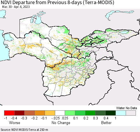 Central Asia NDVI Departure from Previous 8-days (Terra-MODIS) Thematic Map For 3/30/2023 - 4/6/2023