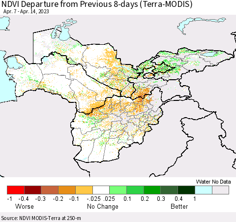 Central Asia NDVI Departure from Previous 8-days (Terra-MODIS) Thematic Map For 4/7/2023 - 4/14/2023