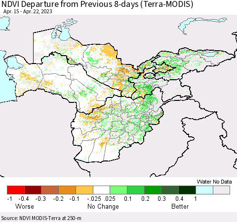 Central Asia NDVI Departure from Previous 8-days (Terra-MODIS) Thematic Map For 4/15/2023 - 4/22/2023