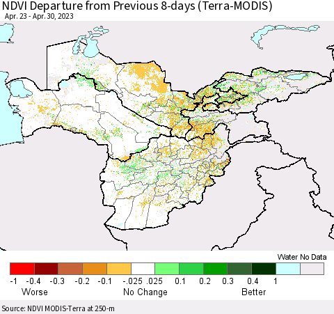 Central Asia NDVI Departure from Previous 8-days (Terra-MODIS) Thematic Map For 4/23/2023 - 4/30/2023