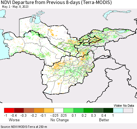 Central Asia NDVI Departure from Previous 8-days (Terra-MODIS) Thematic Map For 5/1/2023 - 5/8/2023