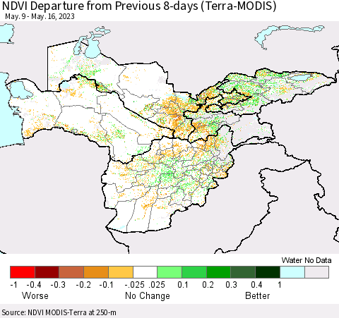 Central Asia NDVI Departure from Previous 8-days (Terra-MODIS) Thematic Map For 5/9/2023 - 5/16/2023