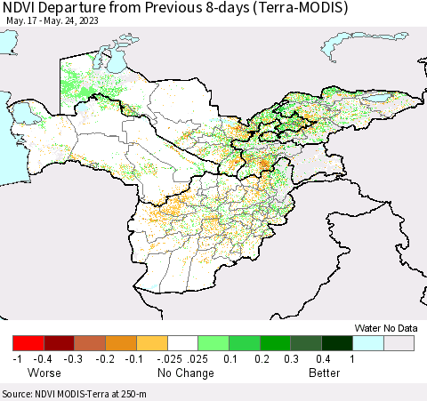 Central Asia NDVI Departure from Previous 8-days (Terra-MODIS) Thematic Map For 5/17/2023 - 5/24/2023