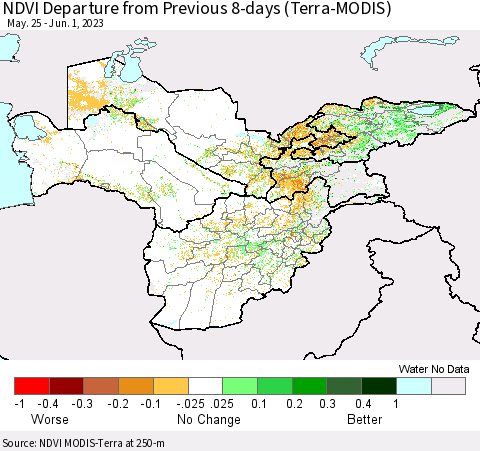 Central Asia NDVI Departure from Previous 8-days (Terra-MODIS) Thematic Map For 5/25/2023 - 6/1/2023