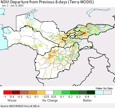 Central Asia NDVI Departure from Previous 8-days (Terra-MODIS) Thematic Map For 6/2/2023 - 6/9/2023