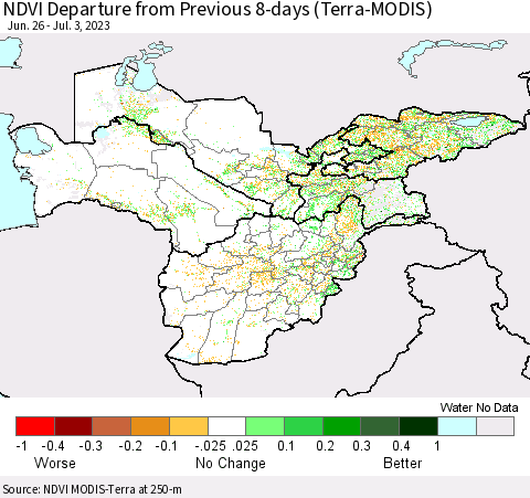 Central Asia NDVI Departure from Previous 8-days (Terra-MODIS) Thematic Map For 6/26/2023 - 7/3/2023