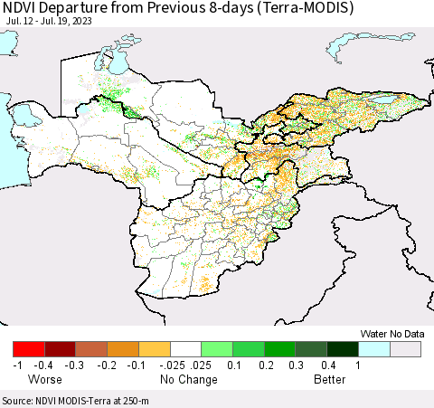 Central Asia NDVI Departure from Previous 8-days (Terra-MODIS) Thematic Map For 7/12/2023 - 7/19/2023