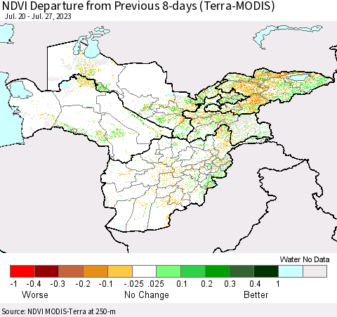 Central Asia NDVI Departure from Previous 8-days (Terra-MODIS) Thematic Map For 7/20/2023 - 7/27/2023