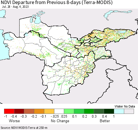 Central Asia NDVI Departure from Previous 8-days (Terra-MODIS) Thematic Map For 7/28/2023 - 8/4/2023