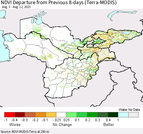 Central Asia NDVI Departure from Previous 8-days (Terra-MODIS) Thematic Map For 8/5/2023 - 8/12/2023
