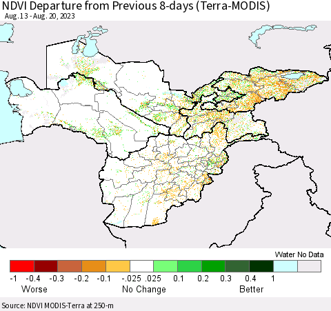 Central Asia NDVI Departure from Previous 8-days (Terra-MODIS) Thematic Map For 8/13/2023 - 8/20/2023