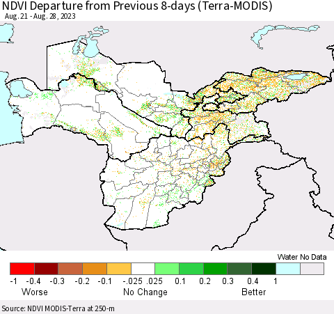 Central Asia NDVI Departure from Previous 8-days (Terra-MODIS) Thematic Map For 8/21/2023 - 8/28/2023