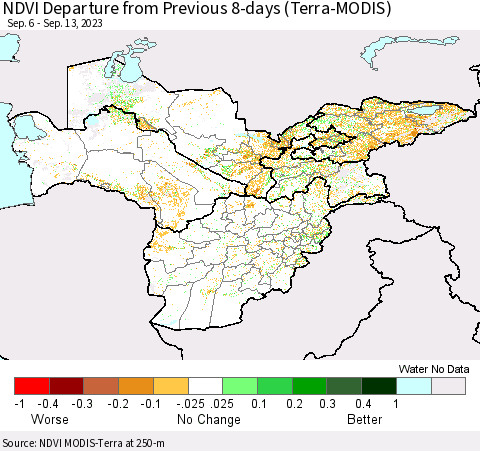 Central Asia NDVI Departure from Previous 8-days (Terra-MODIS) Thematic Map For 9/6/2023 - 9/13/2023