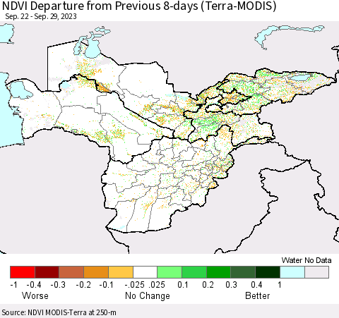 Central Asia NDVI Departure from Previous 8-days (Terra-MODIS) Thematic Map For 9/22/2023 - 9/29/2023