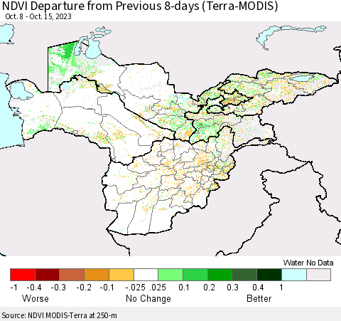 Central Asia NDVI Departure from Previous 8-days (Terra-MODIS) Thematic Map For 10/8/2023 - 10/15/2023