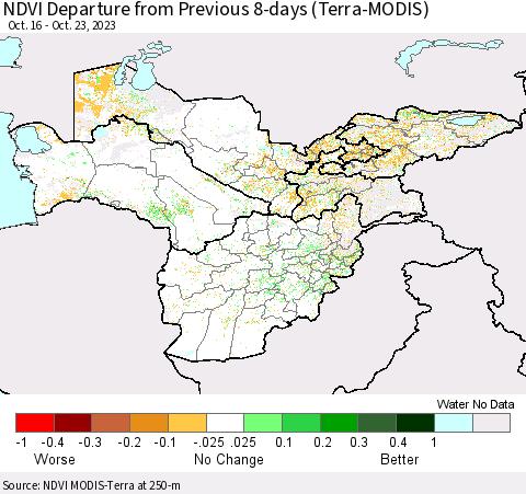Central Asia NDVI Departure from Previous 8-days (Terra-MODIS) Thematic Map For 10/16/2023 - 10/23/2023