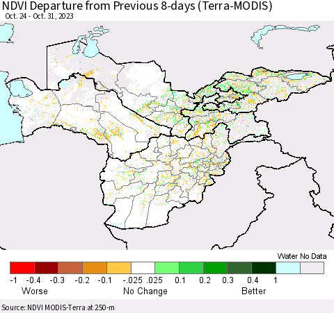 Central Asia NDVI Departure from Previous 8-days (Terra-MODIS) Thematic Map For 10/24/2023 - 10/31/2023