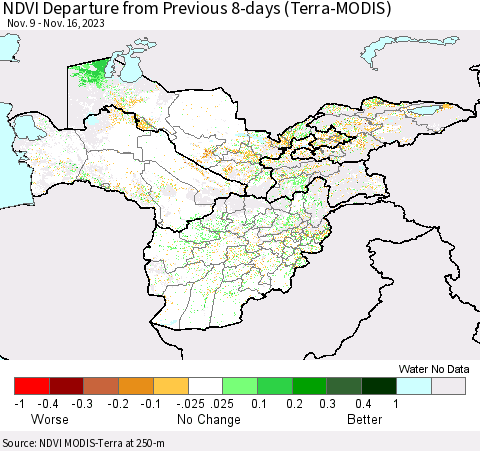 Central Asia NDVI Departure from Previous 8-days (Terra-MODIS) Thematic Map For 11/9/2023 - 11/16/2023