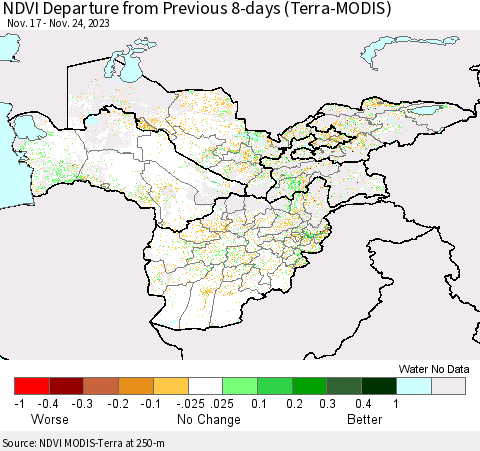 Central Asia NDVI Departure from Previous 8-days (Terra-MODIS) Thematic Map For 11/17/2023 - 11/24/2023