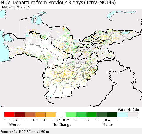 Central Asia NDVI Departure from Previous 8-days (Terra-MODIS) Thematic Map For 11/25/2023 - 12/2/2023