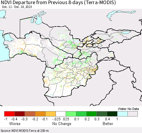 Central Asia NDVI Departure from Previous 8-days (Terra-MODIS) Thematic Map For 12/11/2023 - 12/18/2023