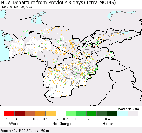 Central Asia NDVI Departure from Previous 8-days (Terra-MODIS) Thematic Map For 12/19/2023 - 12/26/2023