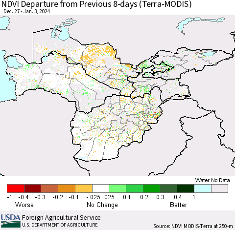 Central Asia NDVI Departure from Previous 8-days (Terra-MODIS) Thematic Map For 12/27/2023 - 1/3/2024