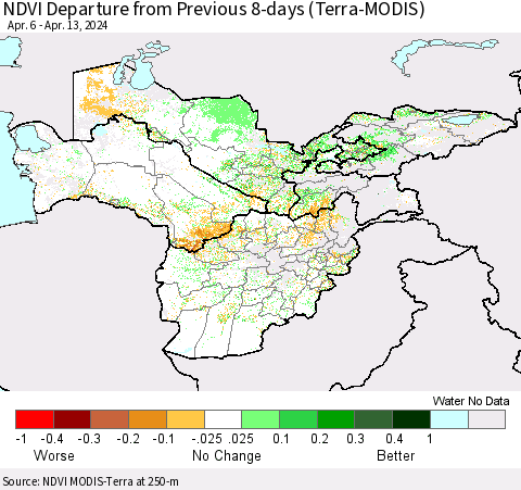 Central Asia NDVI Departure from Previous 8-days (Terra-MODIS) Thematic Map For 4/6/2024 - 4/13/2024