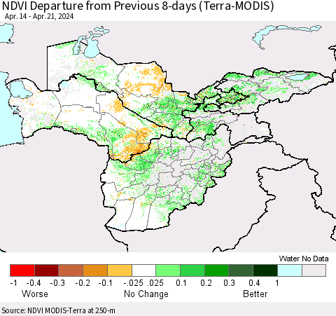 Central Asia NDVI Departure from Previous 8-days (Terra-MODIS) Thematic Map For 4/14/2024 - 4/21/2024