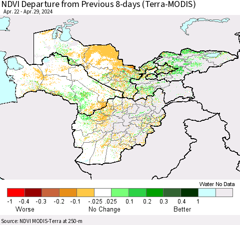 Central Asia NDVI Departure from Previous 8-days (Terra-MODIS) Thematic Map For 4/22/2024 - 4/29/2024