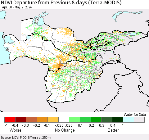 Central Asia NDVI Departure from Previous 8-days (Terra-MODIS) Thematic Map For 4/30/2024 - 5/7/2024