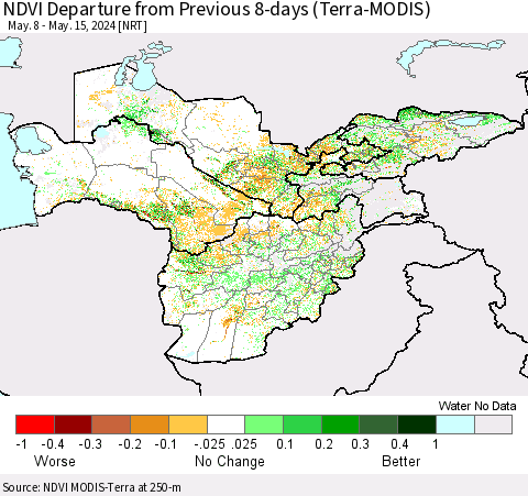 Central Asia NDVI Departure from Previous 8-days (Terra-MODIS) Thematic Map For 5/8/2024 - 5/15/2024