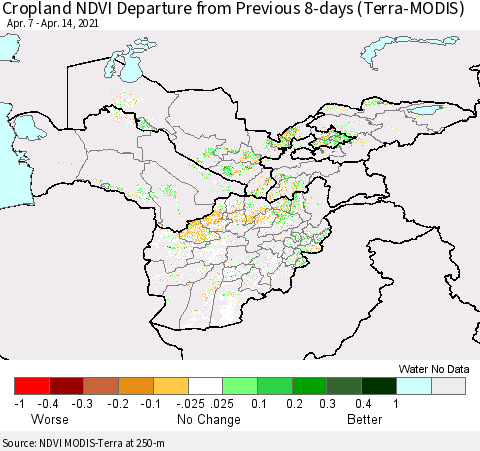 Central Asia Cropland NDVI Departure from Previous 8-days (Terra-MODIS) Thematic Map For 4/7/2021 - 4/14/2021