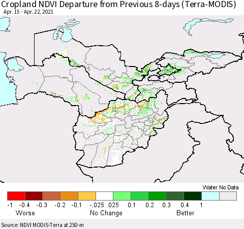 Central Asia Cropland NDVI Departure from Previous 8-days (Terra-MODIS) Thematic Map For 4/15/2021 - 4/22/2021