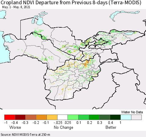 Central Asia Cropland NDVI Departure from Previous 8-days (Terra-MODIS) Thematic Map For 5/1/2021 - 5/8/2021