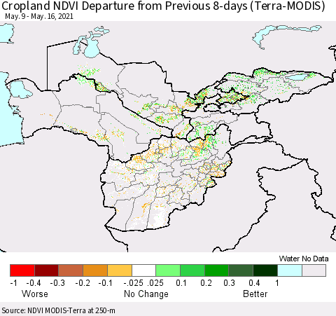 Central Asia Cropland NDVI Departure from Previous 8-days (Terra-MODIS) Thematic Map For 5/9/2021 - 5/16/2021