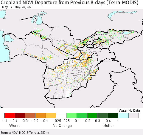 Central Asia Cropland NDVI Departure from Previous 8-days (Terra-MODIS) Thematic Map For 5/17/2021 - 5/24/2021