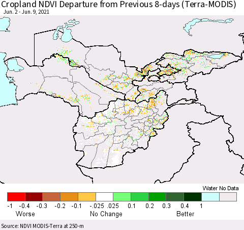 Central Asia Cropland NDVI Departure from Previous 8-days (Terra-MODIS) Thematic Map For 6/2/2021 - 6/9/2021