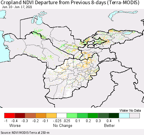 Central Asia Cropland NDVI Departure from Previous 8-days (Terra-MODIS) Thematic Map For 6/10/2021 - 6/17/2021