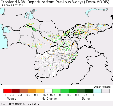 Central Asia Cropland NDVI Departure from Previous 8-days (Terra-MODIS) Thematic Map For 7/20/2021 - 7/27/2021