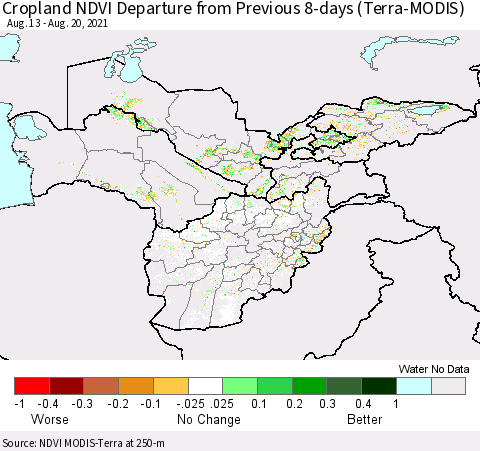 Central Asia Cropland NDVI Departure from Previous 8-days (Terra-MODIS) Thematic Map For 8/13/2021 - 8/20/2021