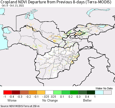 Central Asia Cropland NDVI Departure from Previous 8-days (Terra-MODIS) Thematic Map For 10/8/2021 - 10/15/2021