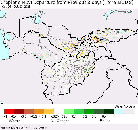 Central Asia Cropland NDVI Departure from Previous 8-days (Terra-MODIS) Thematic Map For 10/16/2021 - 10/23/2021