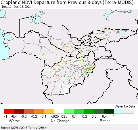 Central Asia Cropland NDVI Departure from Previous 8-days (Terra-MODIS) Thematic Map For 12/11/2021 - 12/18/2021