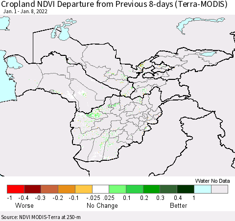 Central Asia Cropland NDVI Departure from Previous 8-days (Terra-MODIS) Thematic Map For 1/1/2022 - 1/8/2022