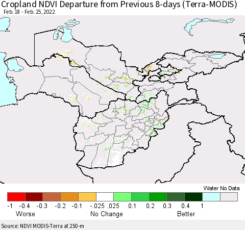 Central Asia Cropland NDVI Departure from Previous 8-days (Terra-MODIS) Thematic Map For 2/18/2022 - 2/25/2022