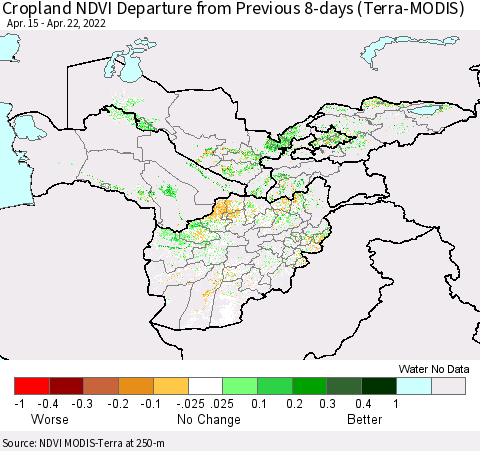 Central Asia Cropland NDVI Departure from Previous 8-days (Terra-MODIS) Thematic Map For 4/15/2022 - 4/22/2022