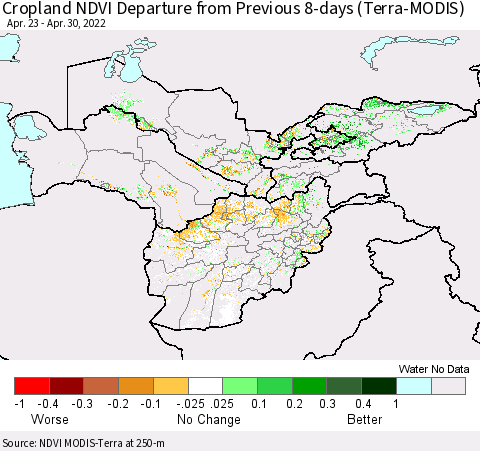 Central Asia Cropland NDVI Departure from Previous 8-days (Terra-MODIS) Thematic Map For 4/23/2022 - 4/30/2022