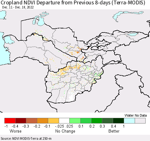 Central Asia Cropland NDVI Departure from Previous 8-days (Terra-MODIS) Thematic Map For 12/11/2022 - 12/18/2022